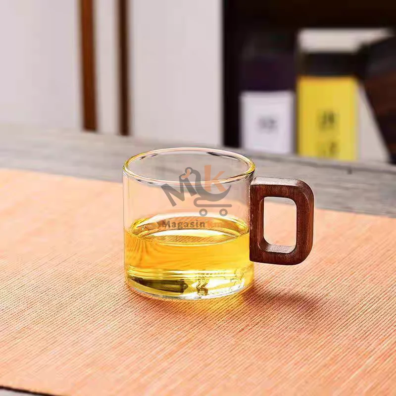 Mini tasse à café transparent en verre avec manche en bois
