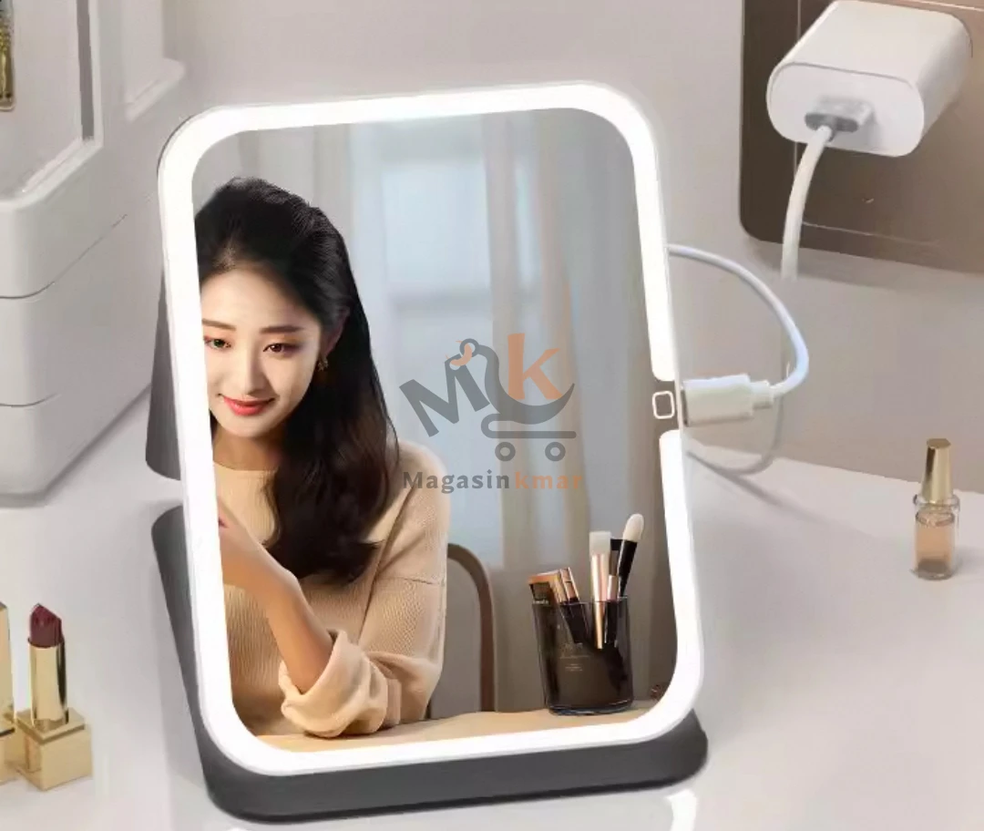 Miroir de maquillage LED de bureau en plastique – Éclairage intégré PM