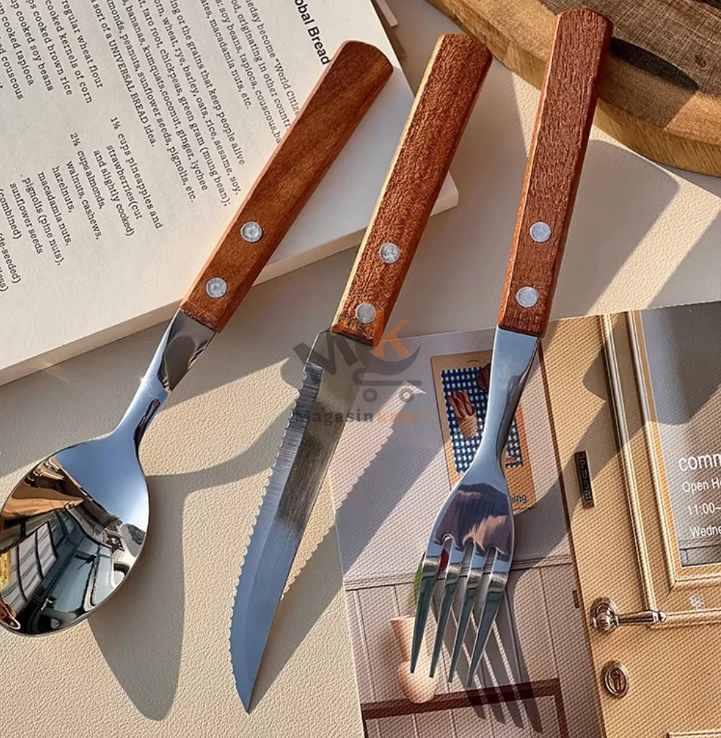 Lot de 3 fourchettes 19 cm en acier inoxydable avec manche en bois